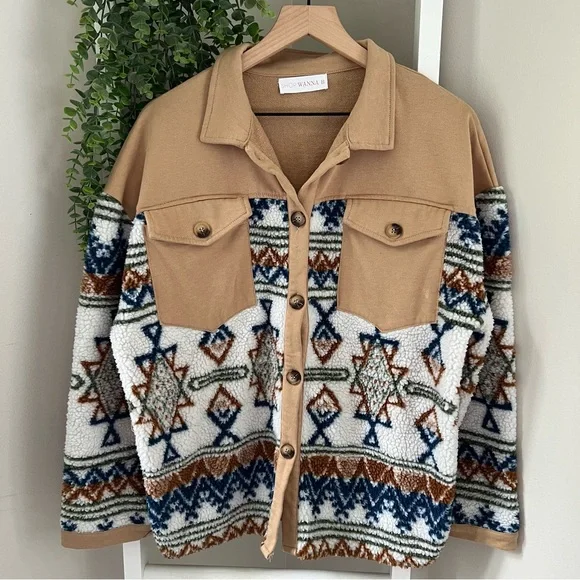 Aztec Western Cowgirl Tribal Boho oversized Shacket jacket tan women’s medium - Picture 2 of 10